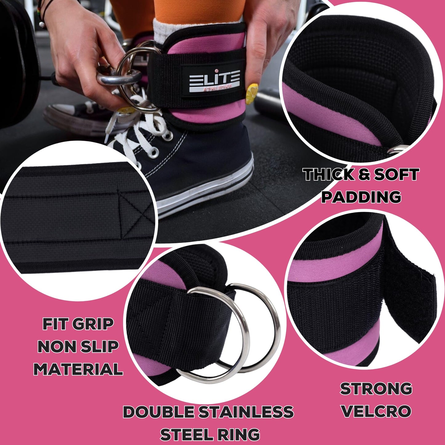 Elite Athletics Ankle Strap for Cable Machine Attachment, Gym Ankle Cuff for Cable Kickback, plus Wrist Straps for Weightlifting and Carry Bag (pink)