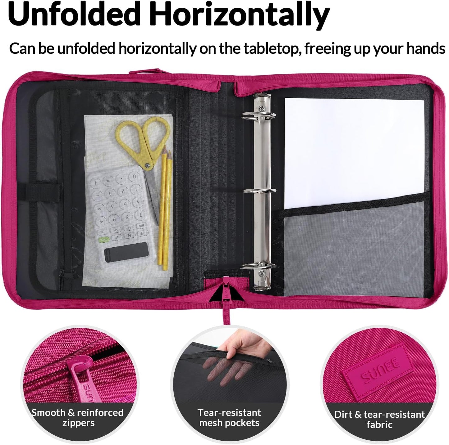 SUNEE Zippered Binder Bag with Handle, 2-Inch 3-Ring O-Ring, 500-Sheet Capacity, Includes Zip Pocket, 5-Tab Expanding File Folder, Multi-Pocket Organizer Binder for Middle School, Pink Lotus