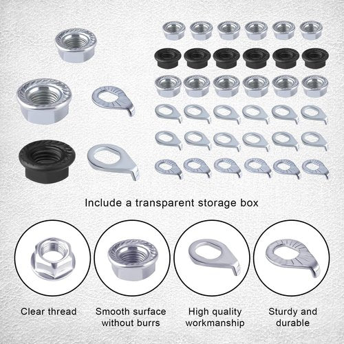NQEUEPN 36pcs Bike Wheel Axle Nut and Bicycle Hub Safety Washer, M8/M9.5/M10 Carbon Steel Bicycle Hub Flanged Axle Nuts Bicycle Parts Accessories for Front and Rear Mountain Bike Wheel Axle