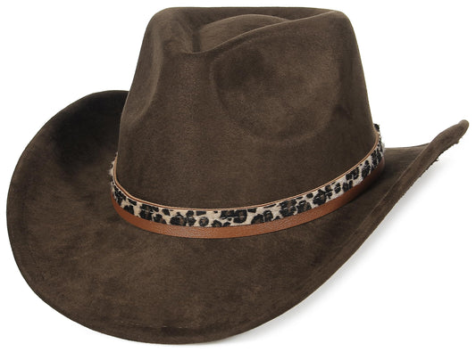 GEMVIE Suede Cowboy Hat for Men Women Roll up Brim Cowgirl Hat Classic Country Fedora Hat/Leopard Print-2