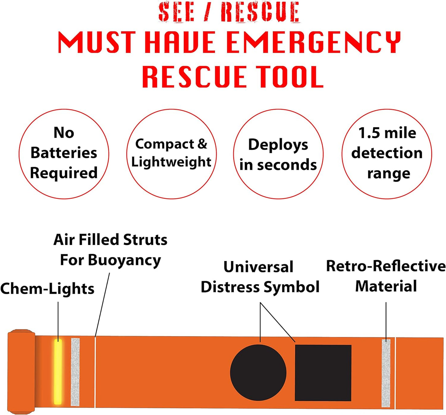 Portable Survival Tool - Lighted Streamer for Land, Sea & Snow Rescue, Day or Night