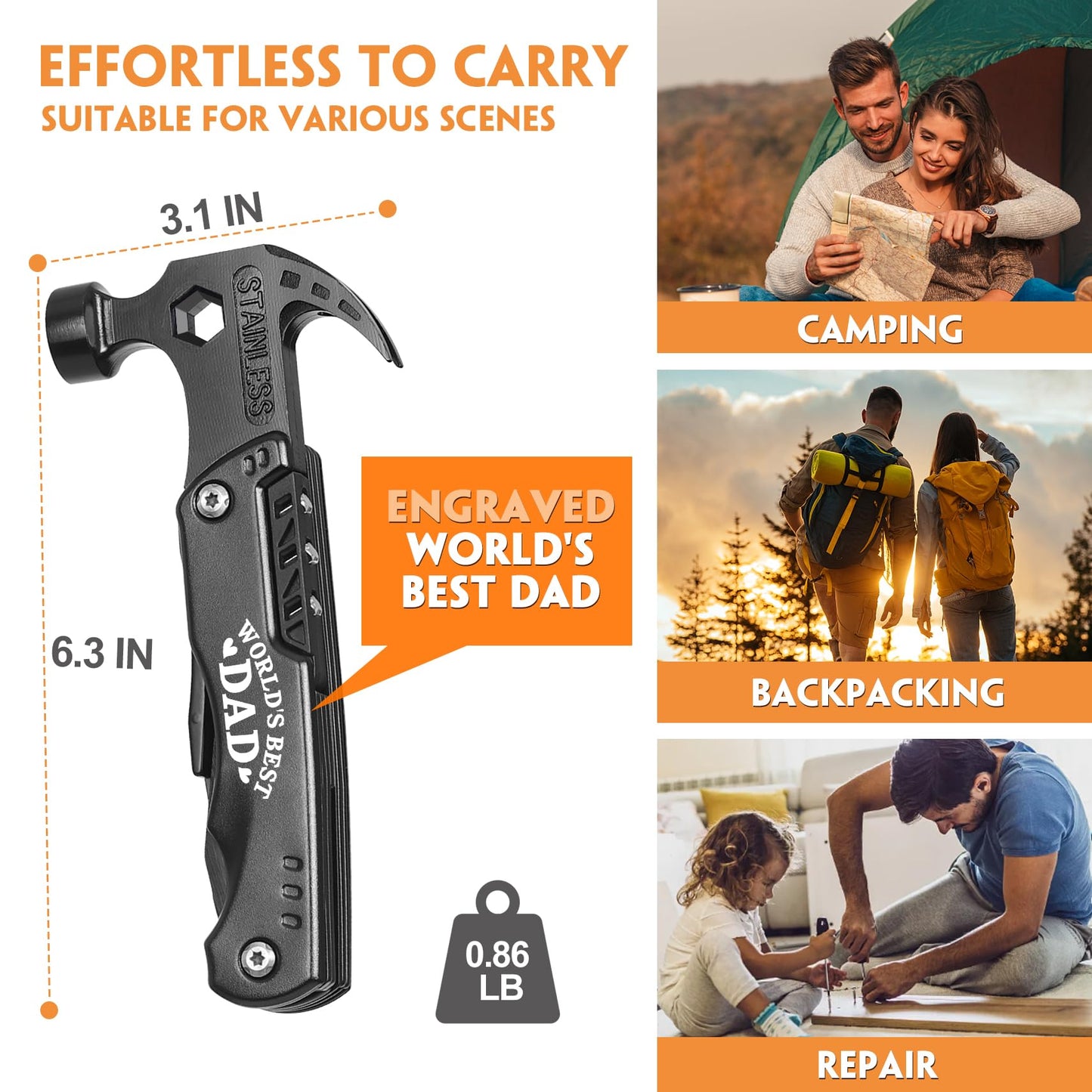 Fathers Day Ideal Gifts for Dad - Gifts for Dad, Fathers Day Dads Gift - Dad's Present from Daughter Wife, Dads Birthday Gift - Multitool Hammer, Christmas Stocking Stuffers for Stepdad, Husband, Men