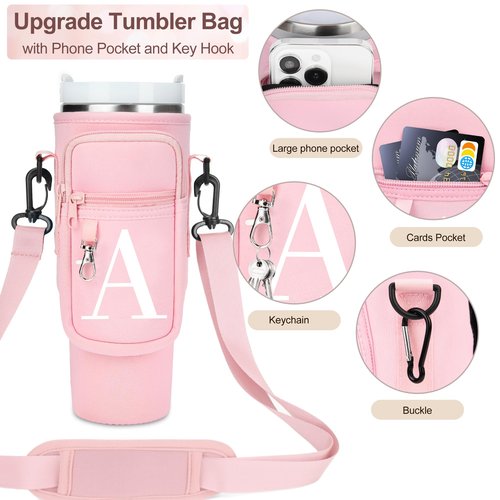 Water Bottle Holder with Adjustable Strap for Stanley Cup 40 oz Tumbler with Handle, Personalized Initial, Neoprene Water Bottle Carrier Bag with Phone Pocket & Carabiner for Stanley Cup Accessories