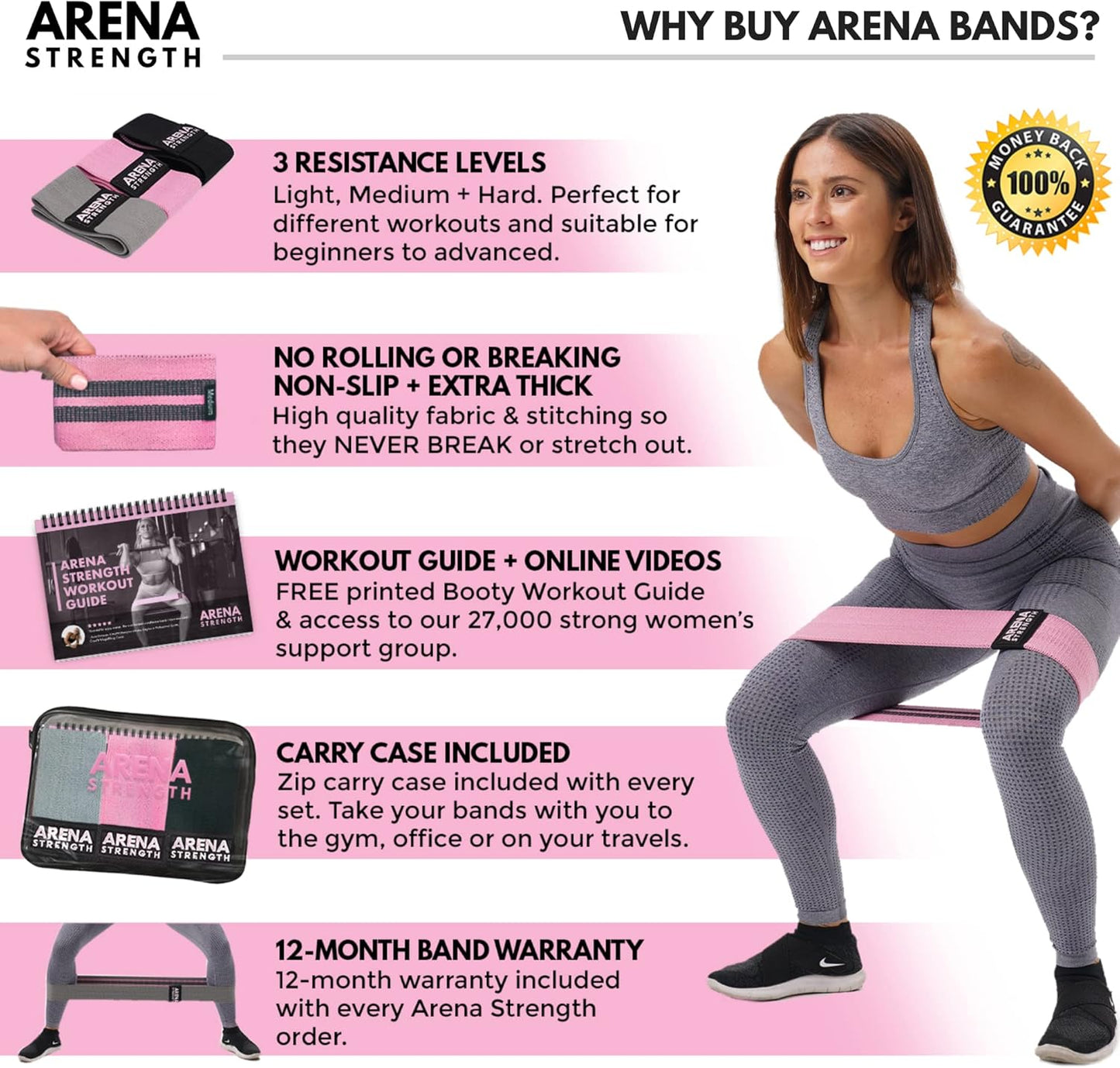 Arena Strength Fabric Booty Bands - Fabric Exercise Bands for Legs and Butt | Fabric Resistance Bands | Hip Resistance Bands with Workout Guide and Carry Case