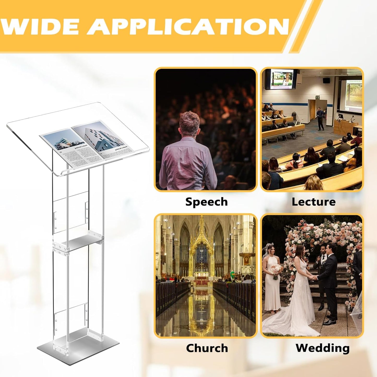 Podium Stand, Lecterns & Podiums, Acrylic Adjustable Angles with Metal Base, Podium for Church, Weddings, Classroom, Speech, 24" L x 16" W x 43.5" H (Clear)