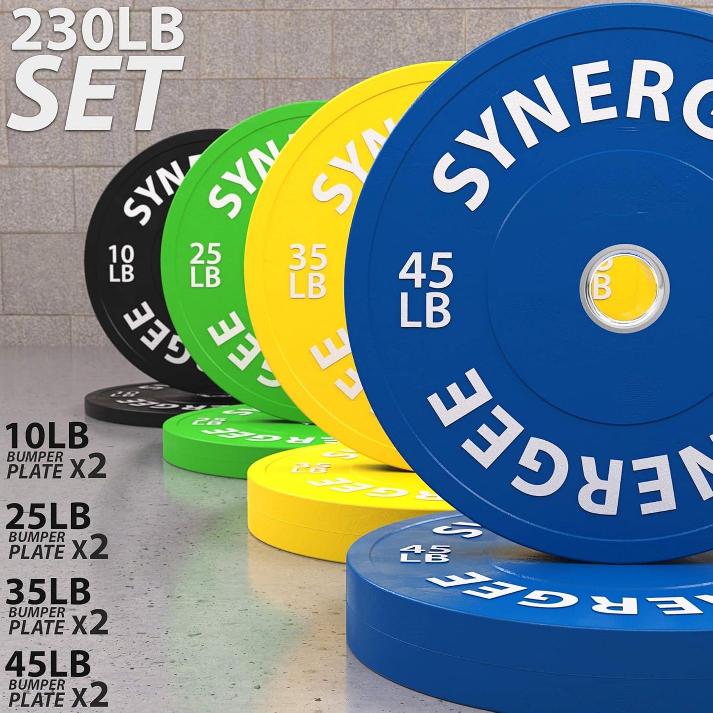 Synergee Bumper Plates – Durable Olympic Weight Plates, Low-Bounce Rubber for Strength Training, Powerlifting, and Functional Workouts.