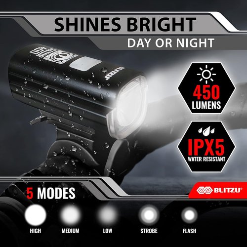 BLITZU Gator 450 Bike Lights Set – USB-C Rechargeable Headlight & Taillight with Reflectors for Night Riding