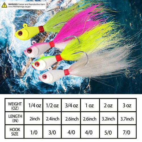 Shark Shooter 4pcs Fishing Bucktails Jig with Spin Saltwater Hair Jigs Wire Bait Keeper Surf Fishing Lures for Bass Fishing (1/4oz)