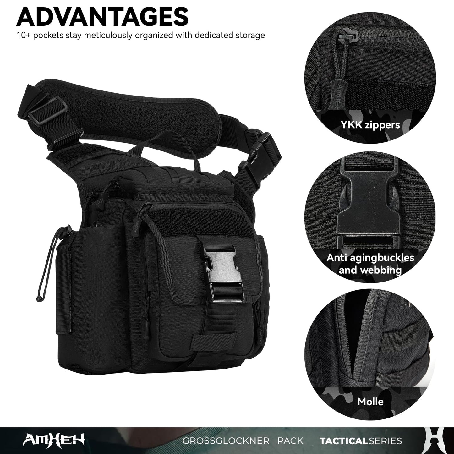 AMHEH Tactical Messenger Bag 10L Military Molle Crossbody Sling Backpack EDC Satchel with Multiple Pockets Waterproof for Men (Black)