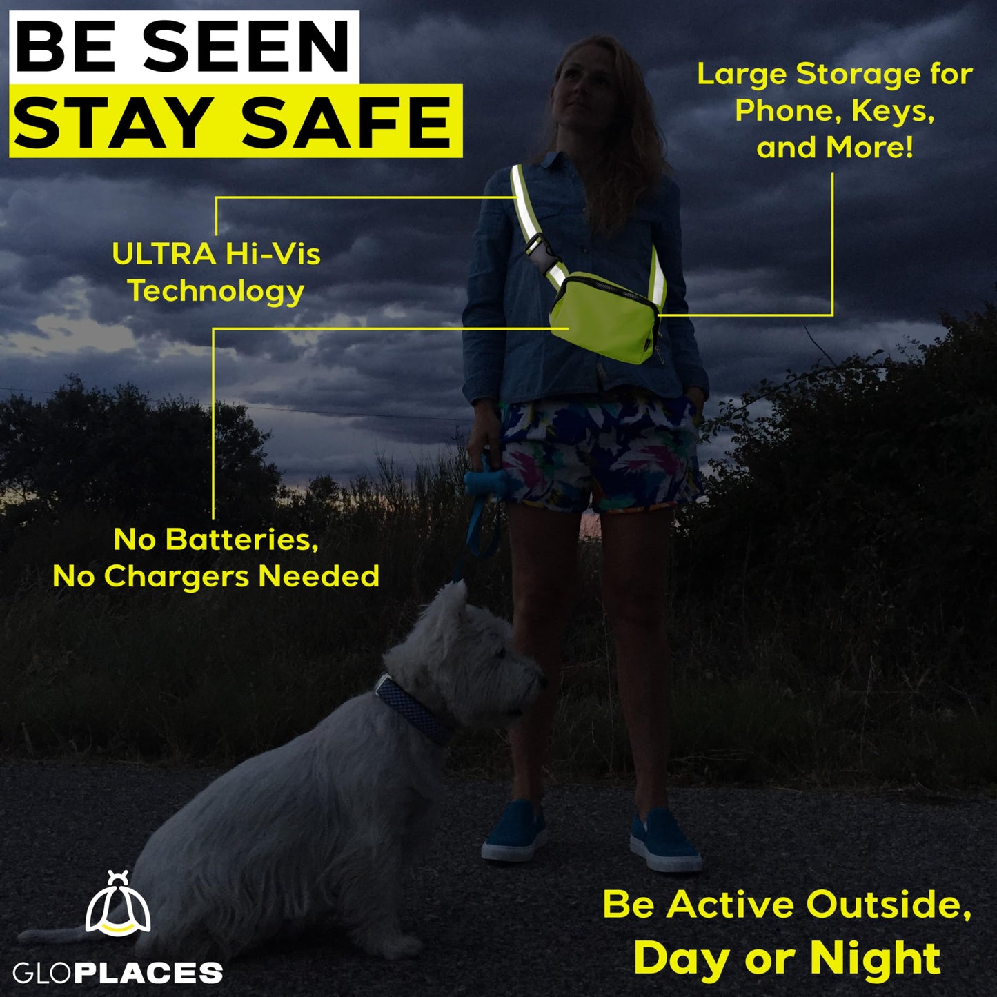 GLOPLACES Reflective Belt Bag Night Sash for Night Safety - High Visibility Hip Bag Waist Pack with Large Storage Pouch - Adjustable Night Fanny Pack for Dog Walking, Hiking, Biking