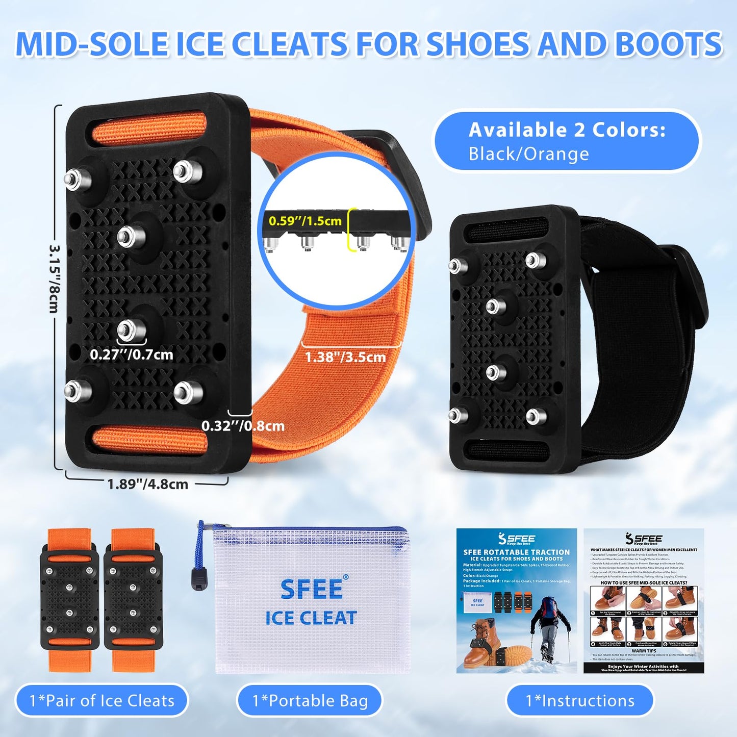 Sfee Ice Cleats Crampons, Easily Rotate Ice Grippers Ice Cleats for Shoes and Boots with Tungsten Studs Shoe Spikes Traction Cleats for Snow and Ice with Adjustable Straps for Frequent Indoor/Outdoor