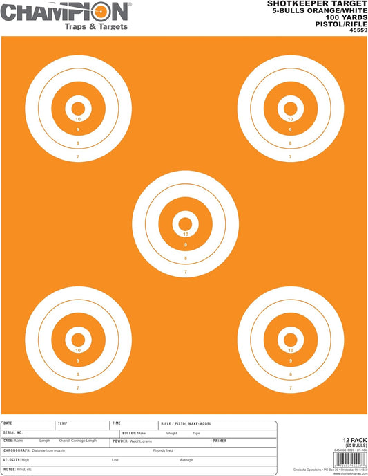 Champion Traps and Targets Shop keeper 5-Bulls Target - Pack of 12 (Large, Orange/White)