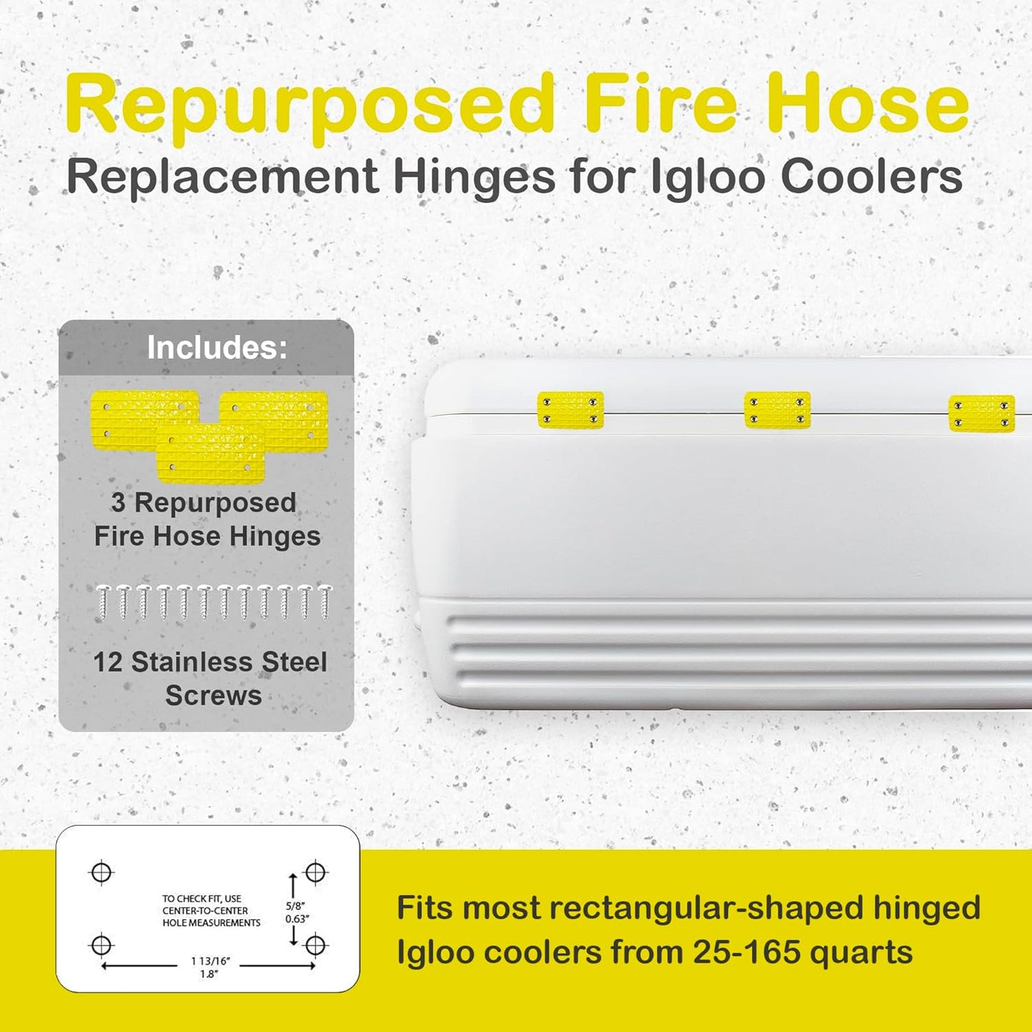 Unbreakable Cooler Hinges - Set of 3 Repurposed Fire Hose Replacement Hinges for Igloo Coolers - Durable, Impact-Resistant, Easy to Install, Includes 12 Screws - Made in The USA