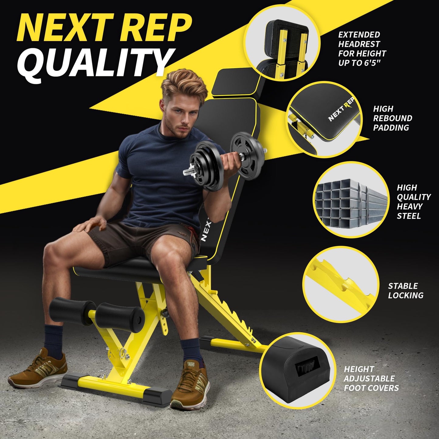 Adjustable Weight Bench,1000 LB Fast Folding Workout Bench for Home Gym Strength Training, Incline Decline Flat Utility Bench Press for Full Body Workout, Upright Storage Yellow Exercise Bench (Yellow)