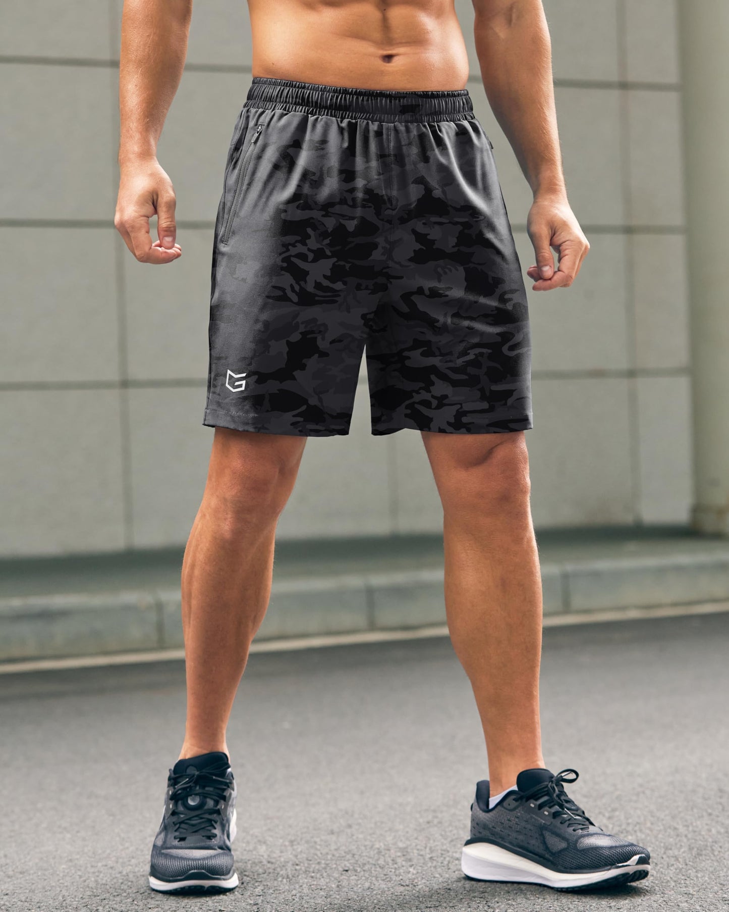 G Gradual Men's Athletic Running Shorts with Zipper Pockets Quick Dry 7"/ 5"/ 9" Workout Gym Shorts for Basketball Hiking(Grey Camo,7M)