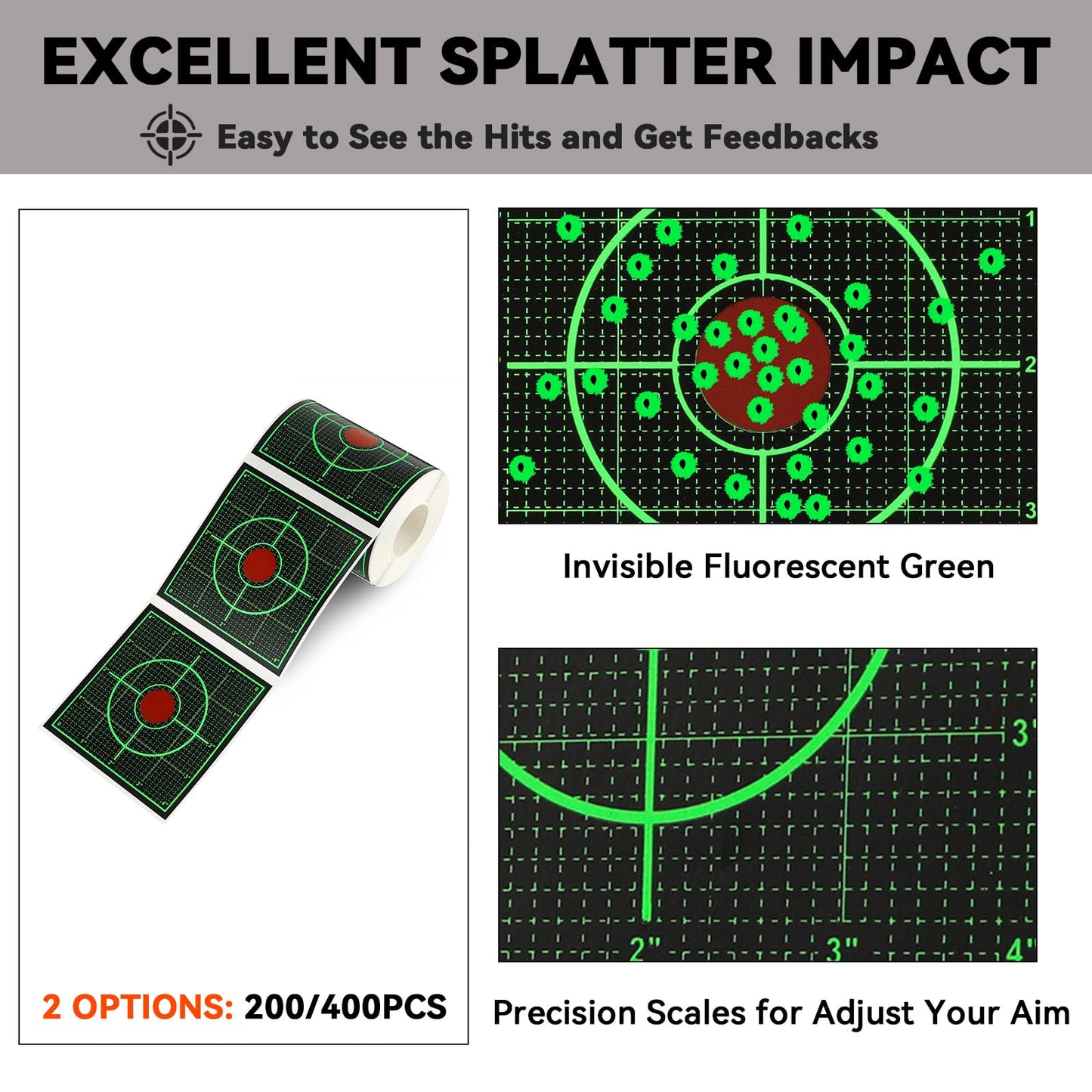 Green Sight in Splatter Target Stickers 4" Reactive Paper Targets with Precision Location, 200/400PCS Adhesive Shooting Target, Dark Grid Bottom Line Calibration for BB Gun/Pellet Gun/Airsoft