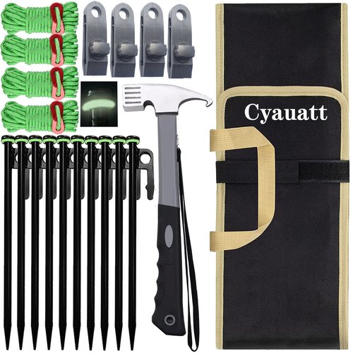 Cyauatt 10 Pcs Heavy Duty Tent Stakes and Camping Hammer Set,10in Metal Tent Stake for Lawn,Ground and Beach,Camping Tent Kit with Tent Stakes,Hammer, Reflective Rope,Tent Clamps and Storage Bag