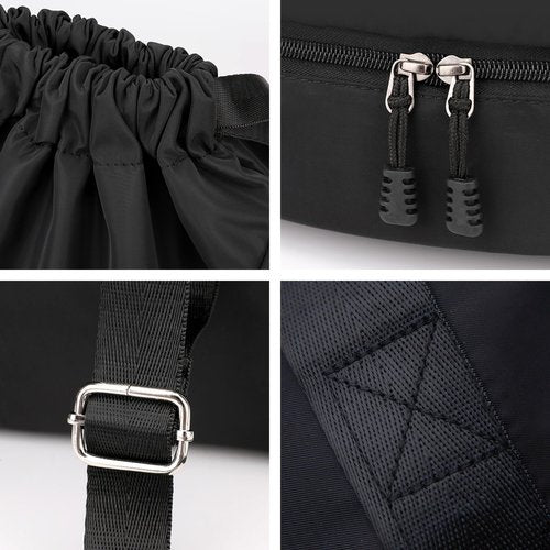 XMYAOWEI Sport Gym Bag Drawstring Backpack Beach Bag for Men Women with Shoe Compartment and Reflective Strips (Black)