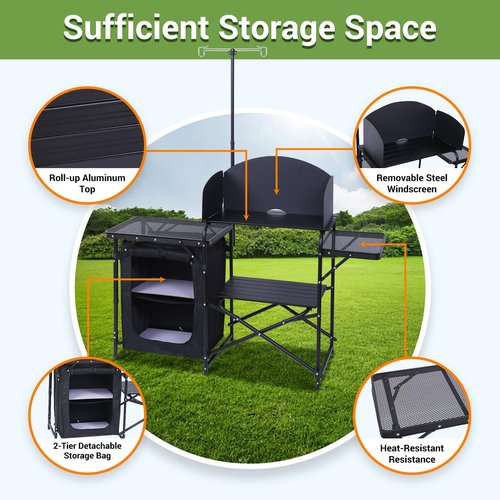 Nice C Camping Kitchen Station, Folding Table & Organizers, Upgrade Light Stand and Windshield Cooking Station, Carry Bag for Beach, Picnic (Black)