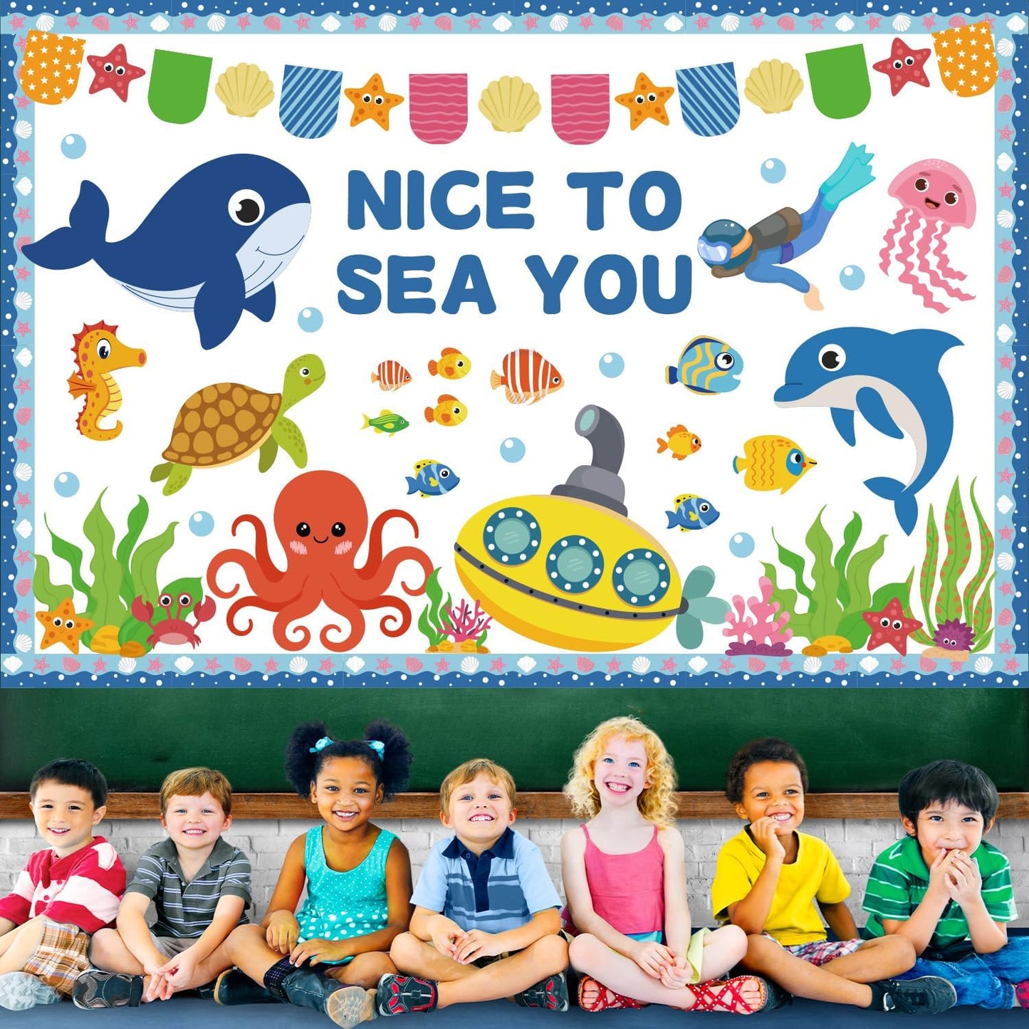 86Pcs Ocean Bulletin Board Classroom Decorations Set, Summer Beach Sea Animal Cutouts Under The Sea Borders Back to School Classroom Chalkboard Window Wall Door Decor for Home Office School