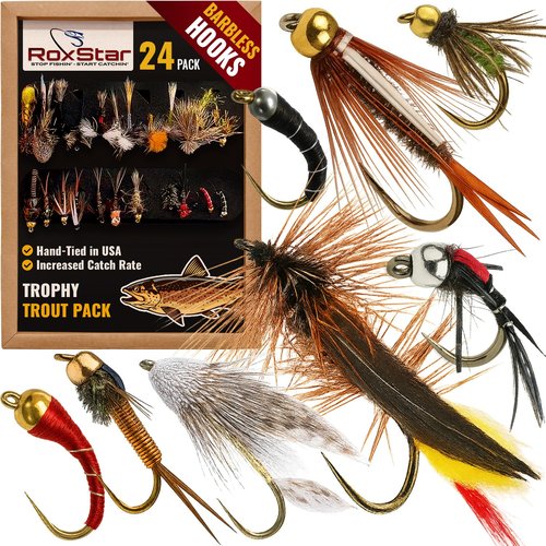 RoxStar Fly Shop | Barbless Trophy Trout Fly Assortment 24pk | Wet & Dry Barbless Flies | Tied in House