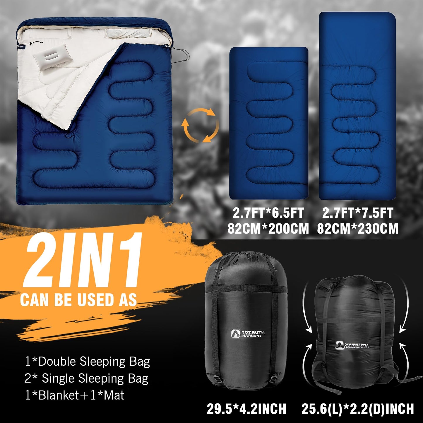 yotruth Double Sleeping Bag with Pillow for Adults 3 Season Queen Size Two Person Sleeping Bag Cold Weather Camping Sleeping Bag Camping Essentials Camping Gear Camping Accessories