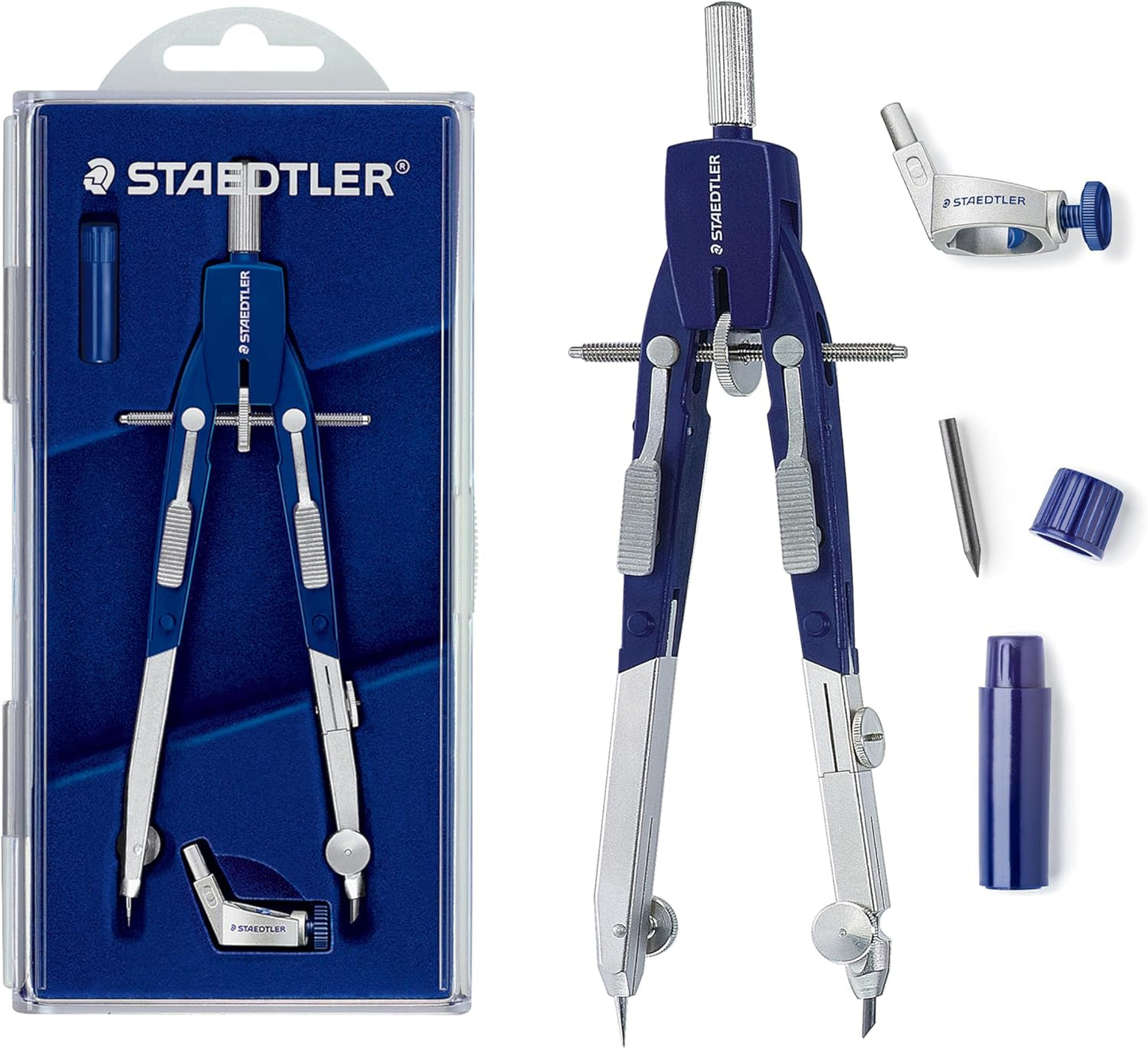 STAEDTLER Comfort Metal Quick Setting 6" Compass 2 Piece Set: Universal Adapter, Push-Button Mechanism & Extra Leads - Draws Circles up to 350mm