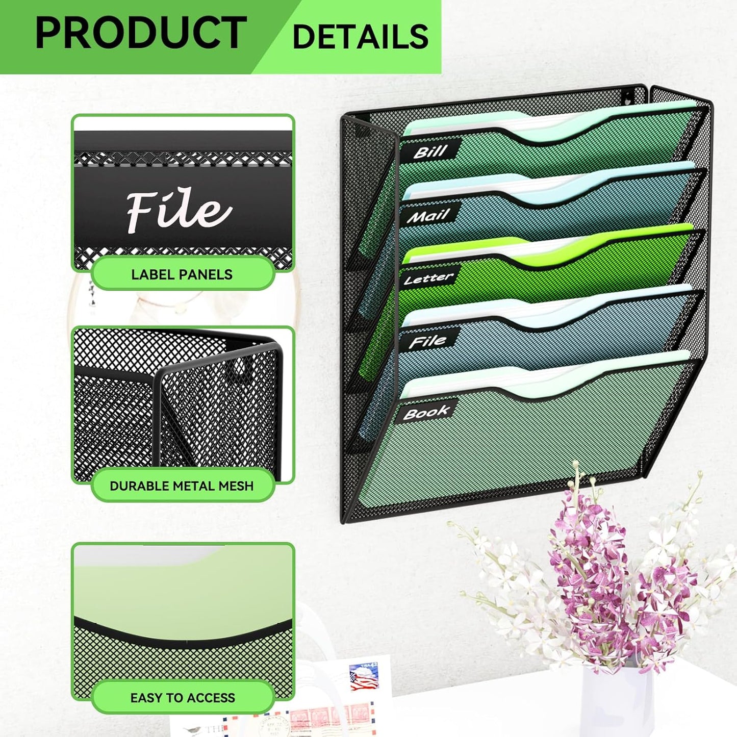 5 Pockets Mesh Hanging Wall File Holder Organizer Wall Mounted Paper Magazine Rack, Black