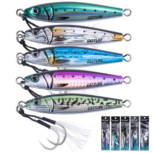 Goture Fishing Jigs Saltwater, 5PCS 100g Vertical Jigging Lures with Double Assist Hooks, Speed Fast Fall Jig Deep Sea Fishing Jigging Spoon Lures for Tuna,Salmon,Grouper Snapper, Kingfish