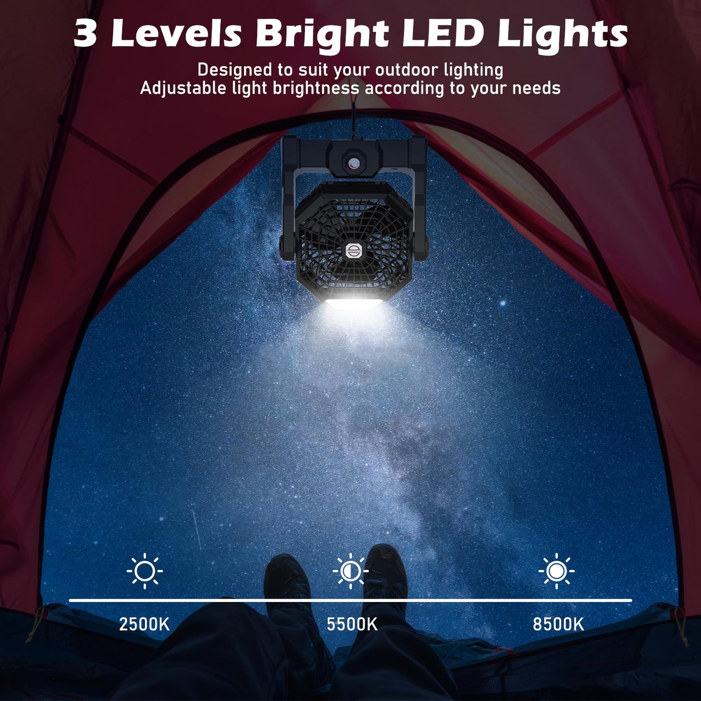 Howhio Camping Fan Rechargeable, 10400mAh Portable Battery Operated Camping Fan for Tents, Hangable USB Silent Camping Fans with LED Lantern, Suitable for Fishing, Camping, Bedroom, Workplace (Black)