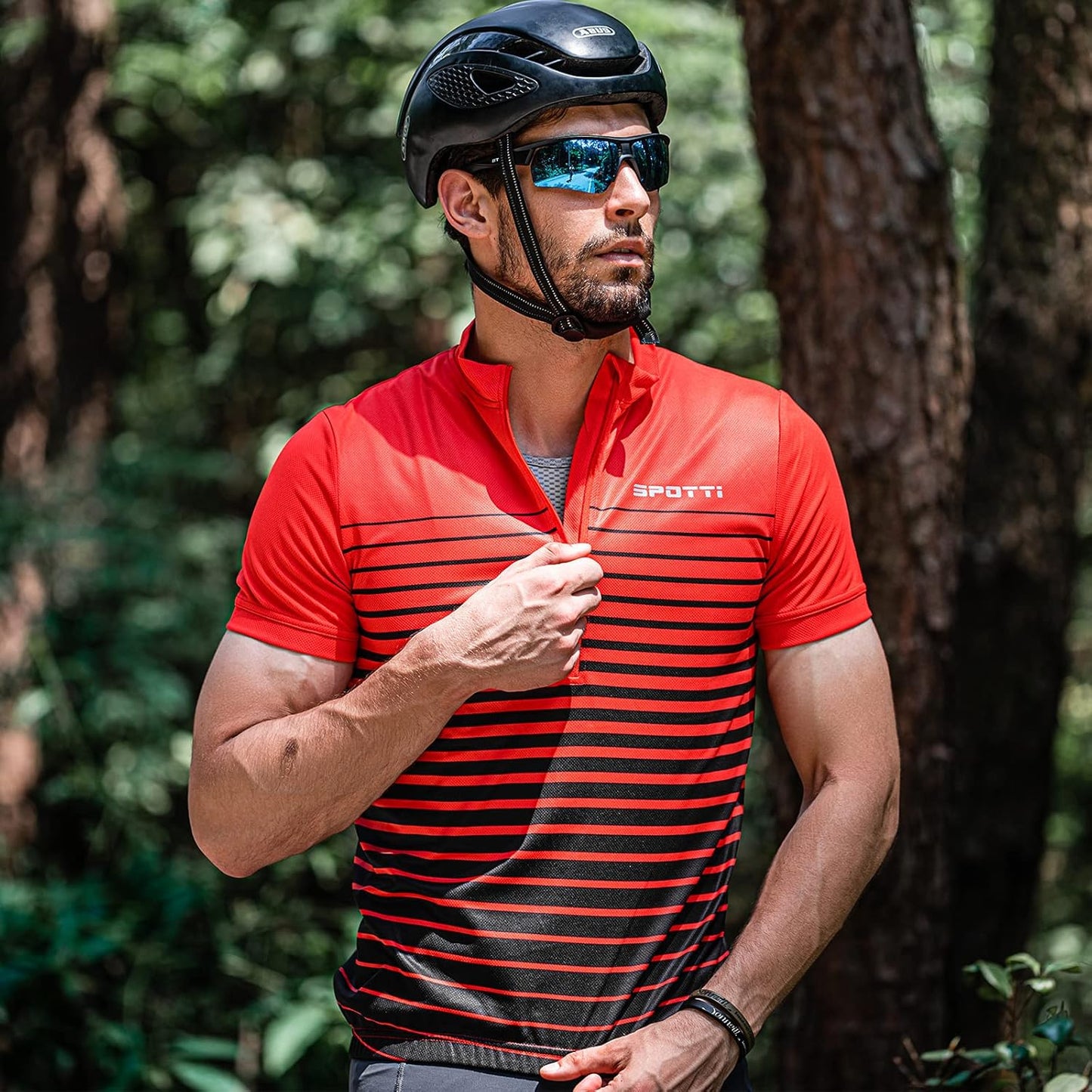 Spotti Men's Cycling Bike Jersey Short Sleeve with 3 Rear Pockets- Moisture Wicking, Breathable, Quick Dry Biking Shirt