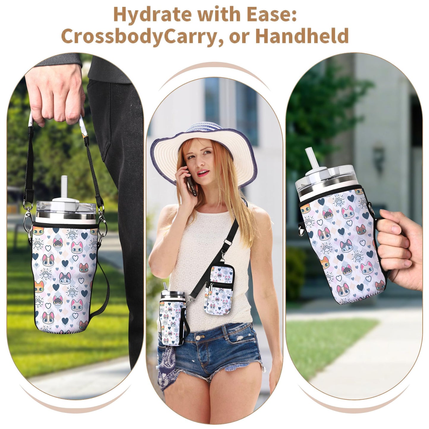 AUPET Water Bottle Holder Carrier Bag fit for 30/20 /14 oz Stanley Flowstate IceFlow Yeti Tumbler,Cup Accessories Sleeve Sling with Phone Pouch & Strap (Cute cat Heart, fit for Tumbler 20oz)