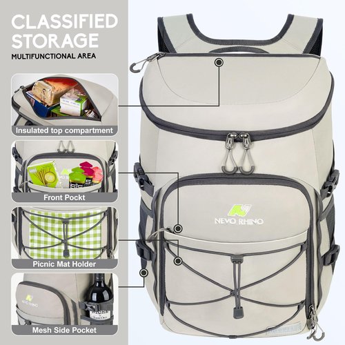 N NEVO RHINO Backpack Cooler, 36 Cans, Light Gray, Nylon, Insulated, Waterproof, Leakproof, Large Capacity, Multiple Pockets, 1.85 lbs