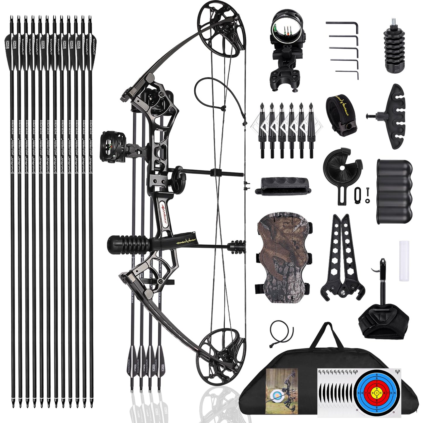 PANDARUS Archery Ready to Hunt Compound Bow Package for Adults and Teens,25"-31" Draw Length,0-70 Lbs Adjustable,up to 320 fps,Made in USA,Lightweight Design,2025 New(Black Right Handed Pro)