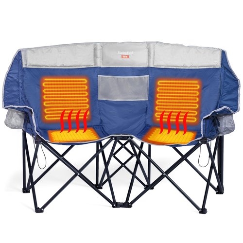 SUNNYFEEL Heated Double Camping Chair, Outdoor Portable Loveseat Chair, Heavy Duty Folding Lawn Chairs with Storage for Beach/Tailgate/Travel/Picnic, Foldable Duo Camp Chairs for Adults 2 People