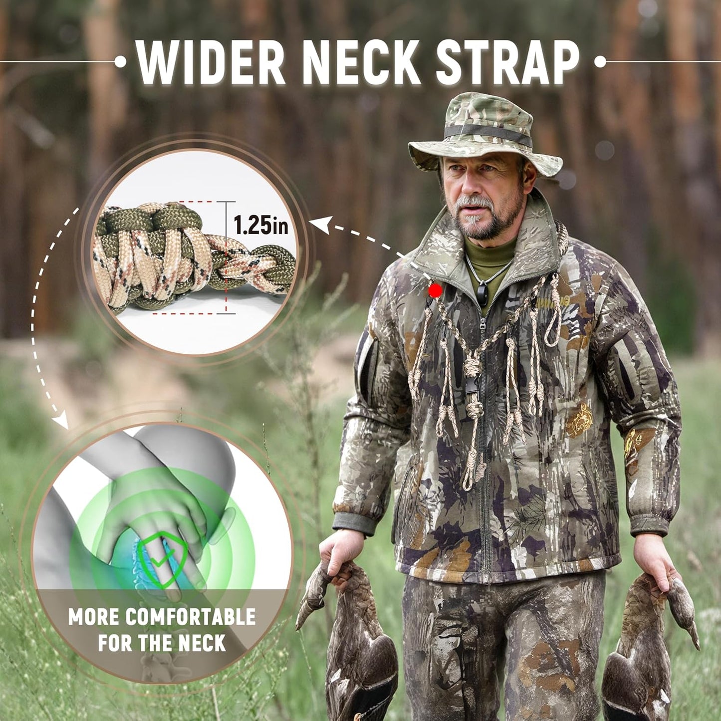 GLORYFIRE Duck Call Lanyard with Removable Drops Secures 11 Call Premium Real Nylon Game Call Lanyard Hand Braided Camo 550LB Paracord Goose Calls for Predator Ducks