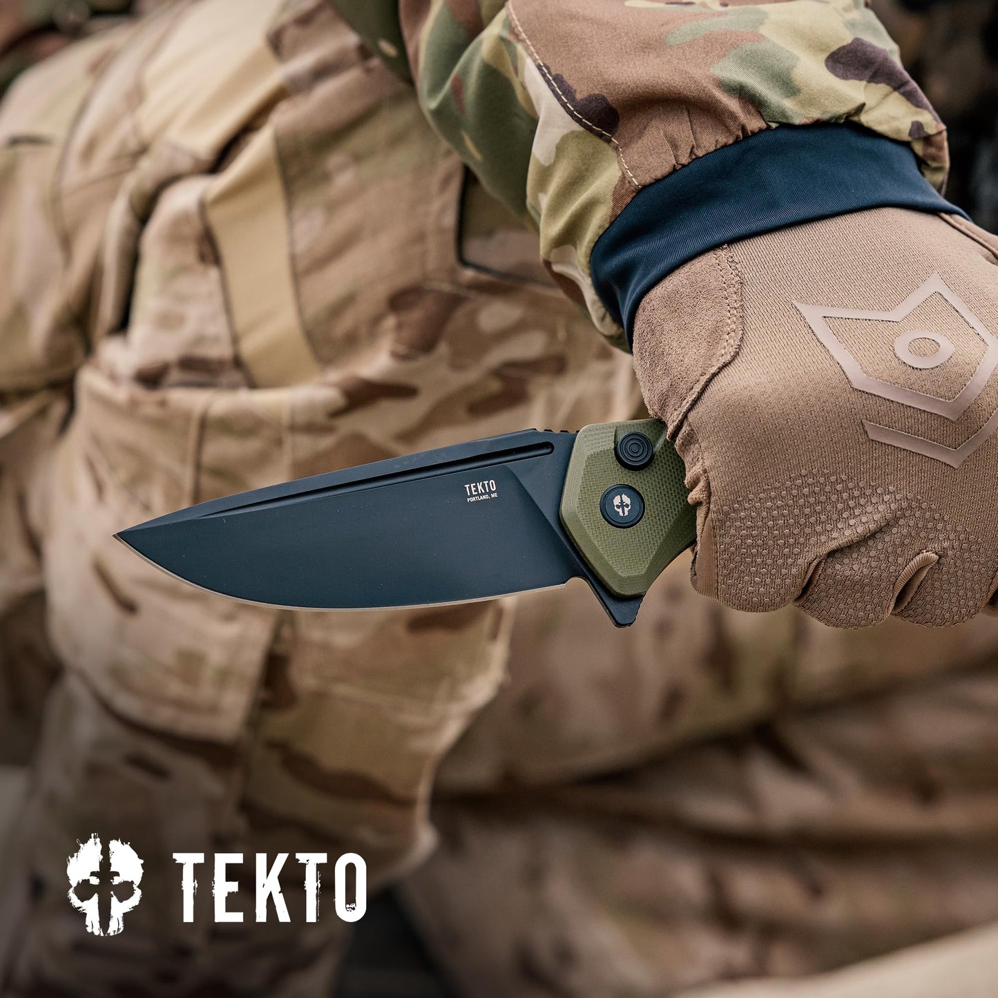 TEKTO F3 Charlie Button Lock Folding Knife, Fine Edge Blade, Tactical OD Green G10 Handle - Easy Open Pocket Knife with Titanium Coated D2 Steel & Black Titanium Barrel Spacers