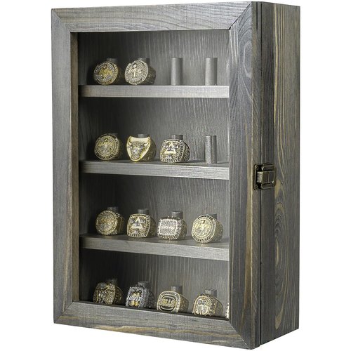 MyGift 20 Ring Display Case, Wall Mounted Vintage Gray Solid Wood Shadow Box Holder for Sports Championship Rings with Metal Clasp and Acrylic Window Panel