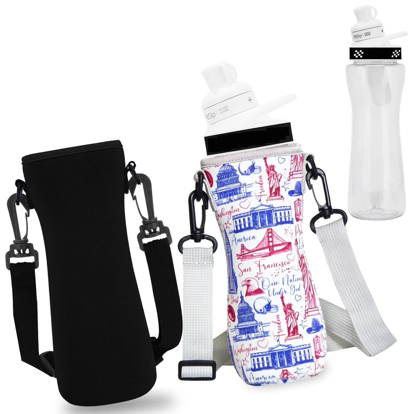 ARefugen 2Pcs Sleeve Fit for 22 oz Cirkul Water Bottle - Neoprene Insulated Sleeve for Plastic Glass Stainless Steel Bottle, Water Bottle Cover Holder Carrier with Shoulder Strap (Patriotic & Black)