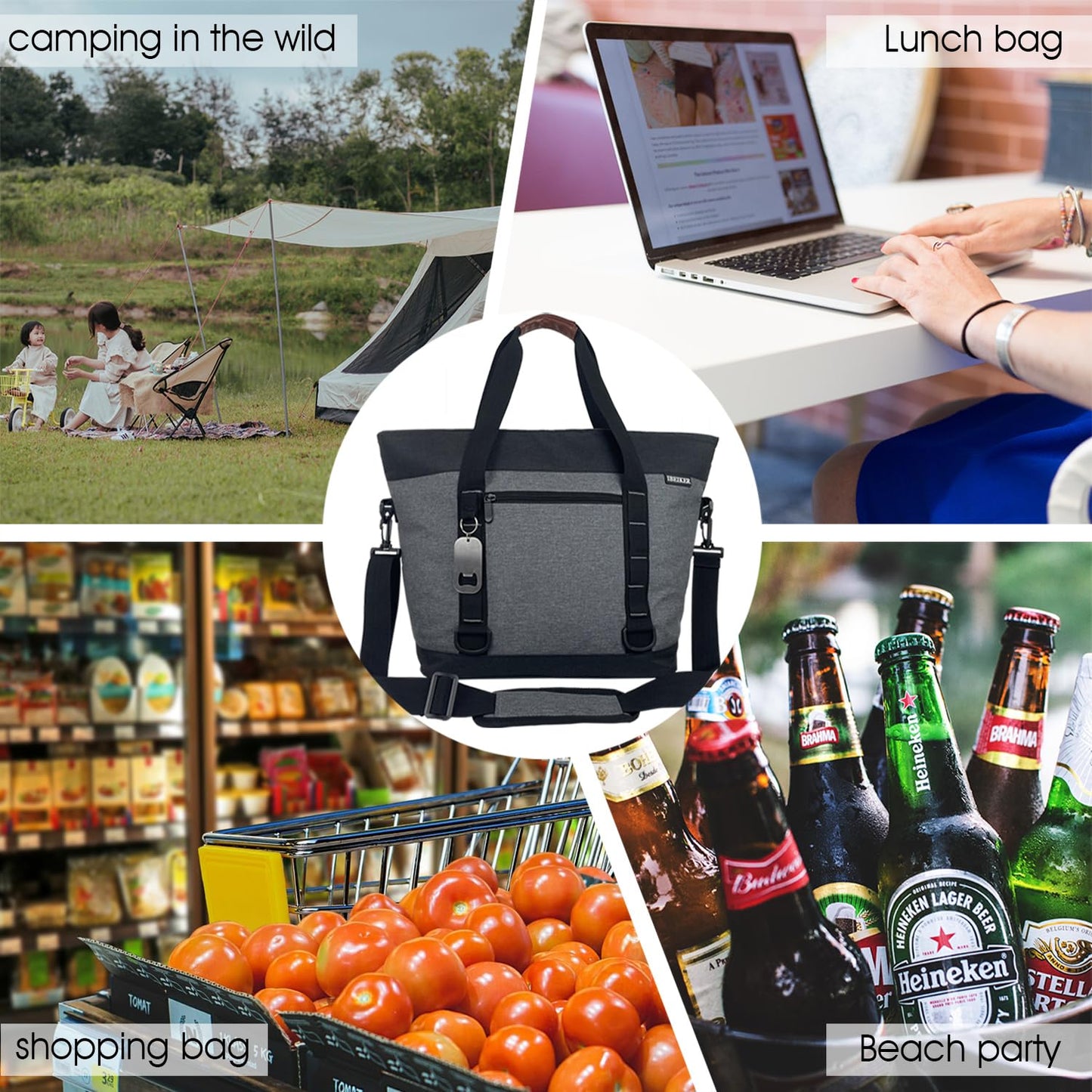 IBEIKER Insulated Cooler Bag, Large Insulated Bag, Reusable Shopping Bags, Leakproof Soft Cooler with BagsBottle Opener, Suitable for Supermarket Shopping, Travel,Beach,Family Picnic,Camping