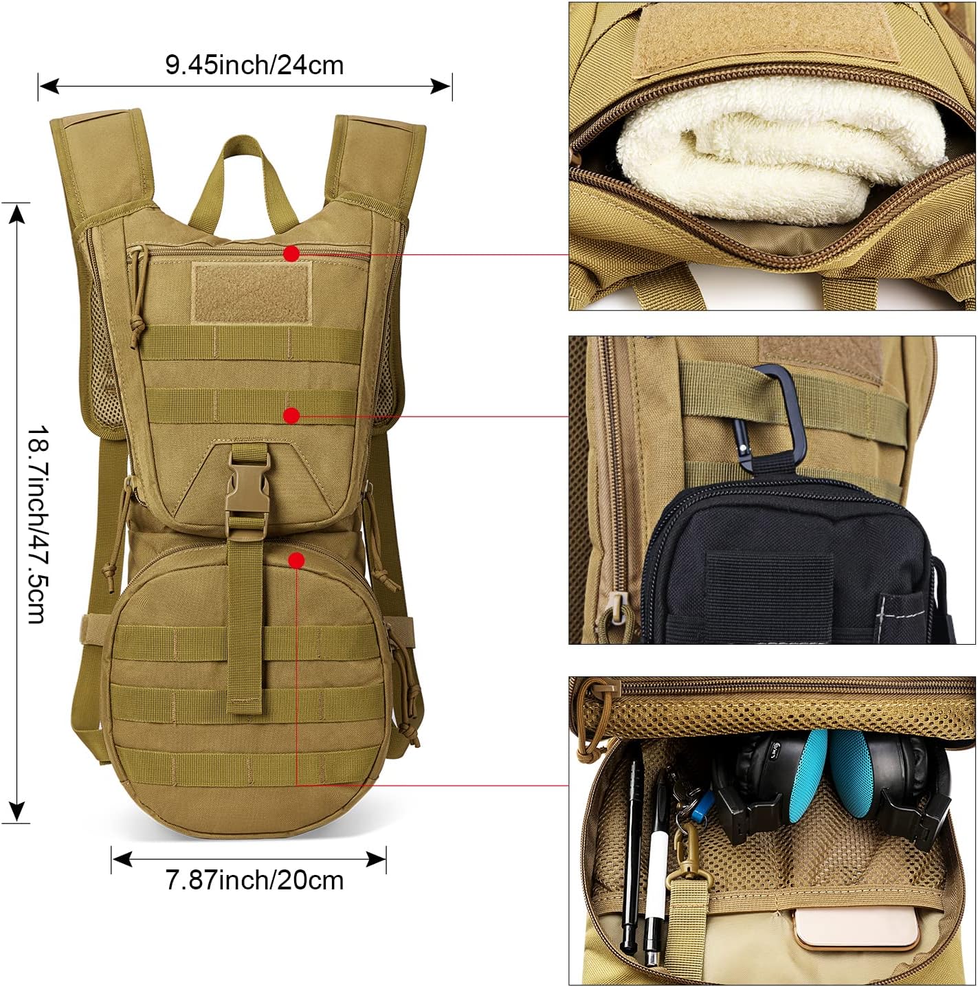 G4Free Military Tactical Hydration Pack Water Backpack with 3L Upgraded Bladder for Hiking Running Cycling