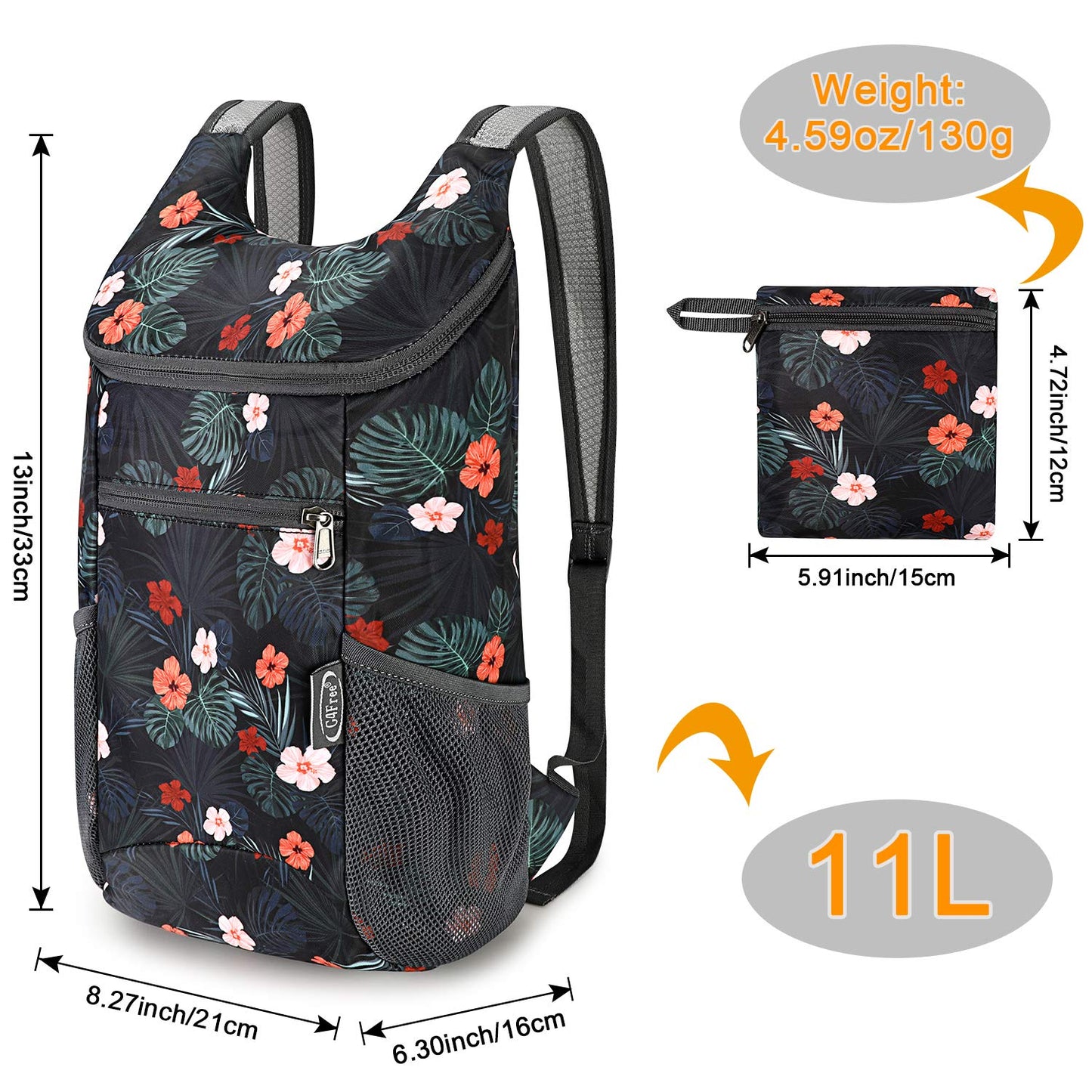 G4Free Small 11 L Foldable Ultralight Backpack Sling Bag RFID Blocking Shoulder Bag for Hiking (Flower+Grey)