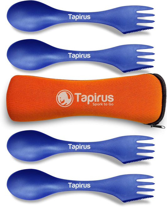 Tapirus - 4 Spork to Go Set - 7-inch Durable & BPA Free Sporks - Spoon, Fork and Knife Combo Utensils Flatware - Mess Kit for Camping, Hunting and Outdoor Activities - Comes in a Carrying Case
