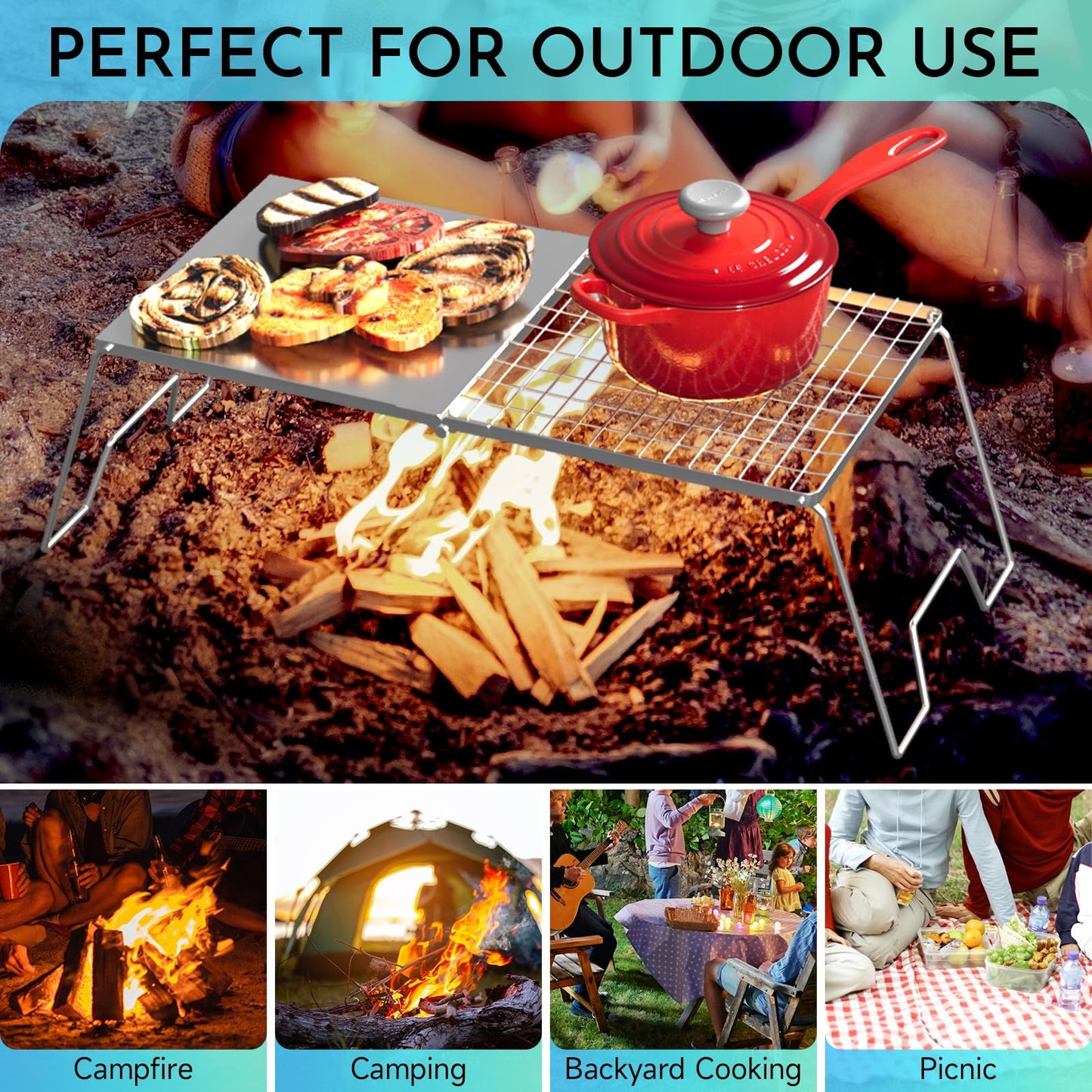 DPZM 24'' Folding Campfire Grill Grate, Heavy Duty Campfire Cooking Equipment For Compact Storage, Portable Camping Grates Over Fire Pit, Outdoor Campfire Grill And Griddle For Versatile Cooking