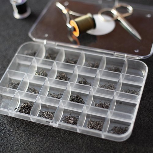 Mavrk Fly Fishing Pro Box 24, 24-Slot Fly Tying Hook and Bead Organizer, Strong Clear Plastic Storage Container for Crafts and Small Parts, Rounded Bottom Corners, Secure Closure Clasp Craft Storage.