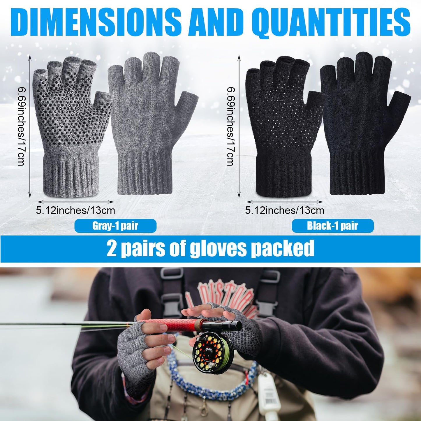 Geyoga 2 Pairs Wool Fingerless Fishing Gloves for Men Women Anti-Slip with Grip Dots Warm Winter Fly Ice Fishing Gloves(Black and Gray,Fingerless)