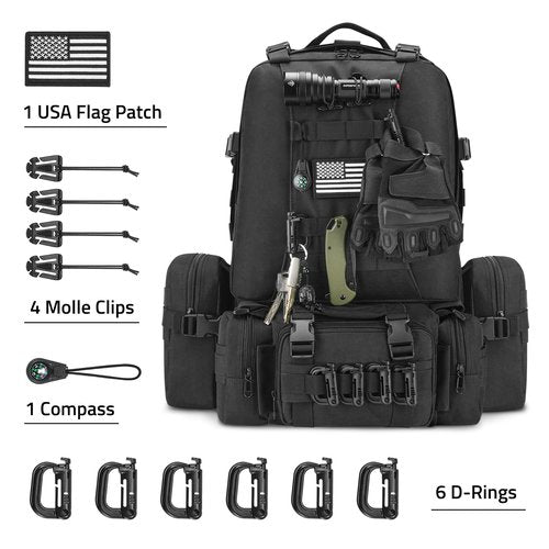 CVLIFE 60L Tactical Backpack for Men Women Military Large Army Rucksack With D-Ring Molle Clips Compass Accessories 3 Day Bug Out Survival Molle Bag Hiking Camping Gym Daypack Backpacks,Black