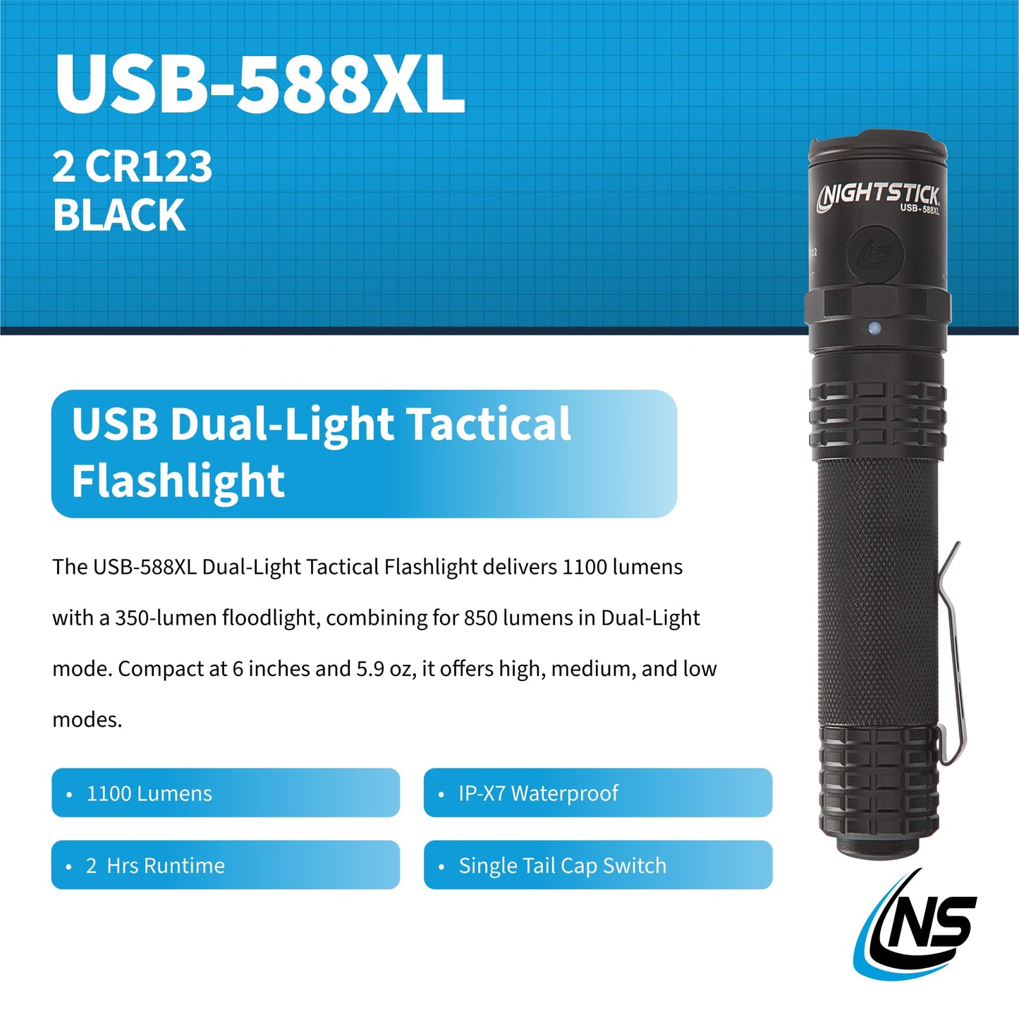 Nightstick USB-588XL Metal USB Dual-Light Tactical Flashlight - White Spot - White Flood - Li-Ion - Black