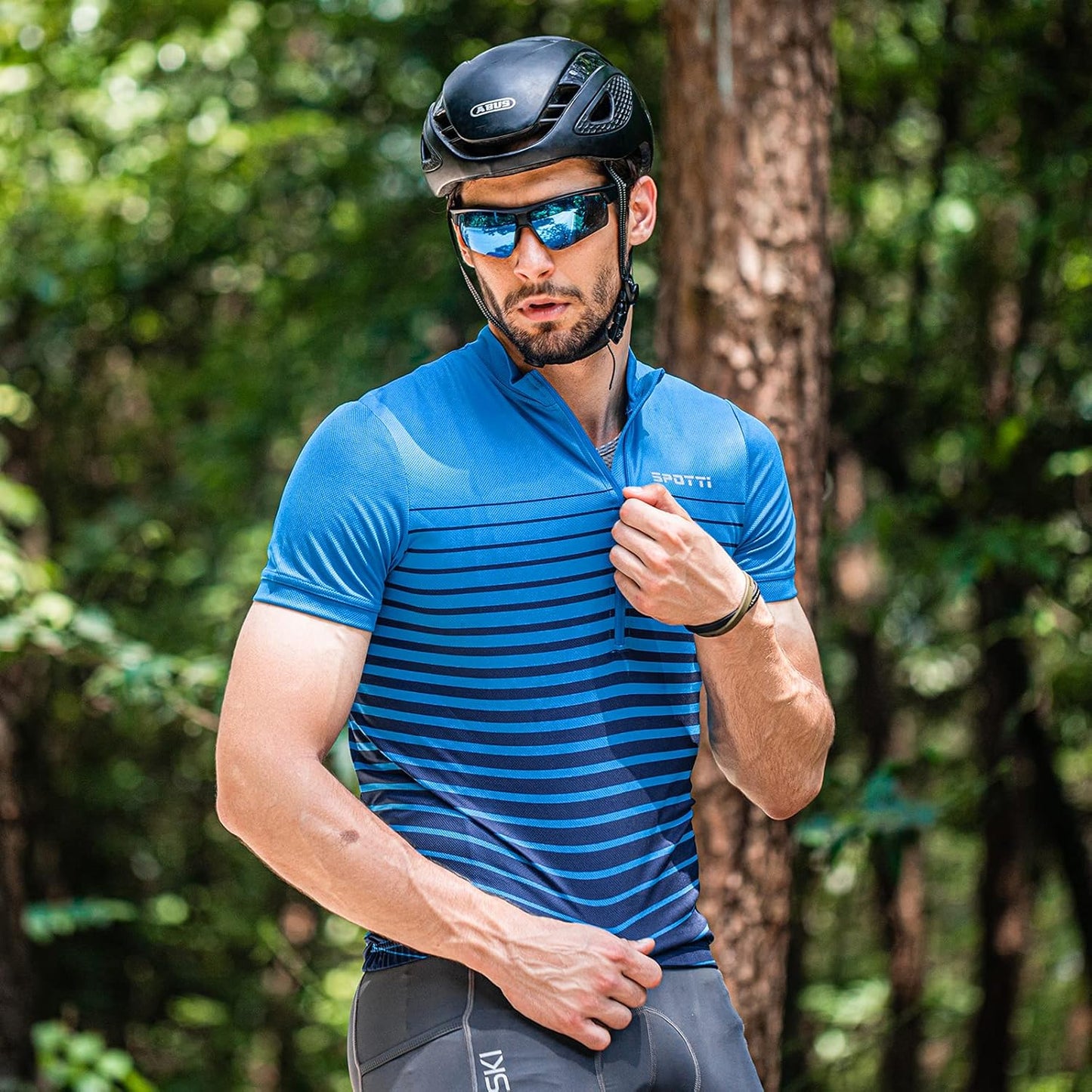 Spotti Men's Cycling Bike Jersey Short Sleeve with 3 Rear Pockets- Moisture Wicking, Breathable, Quick Dry Biking Shirt