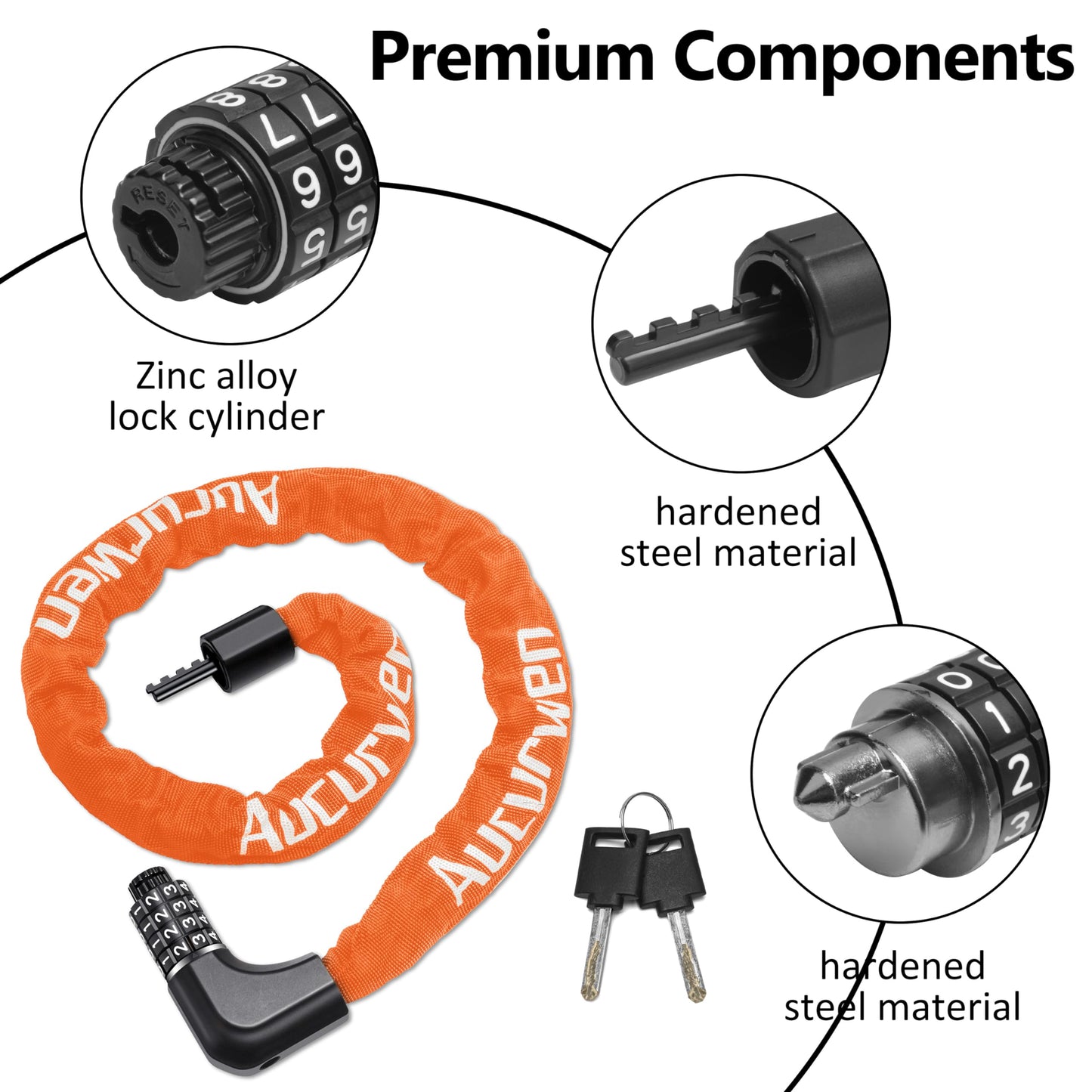 Aucurwen Bike Chain Lock, 3.2FT/4FT Combination & Keys 4-Digit Anti Theft Heavy Duty Bike Lock, Security Resettable Bicycle Lock for Bike, Bicycle, Electric Bike (Orange, 3.2FT Long, 6mm Thick)